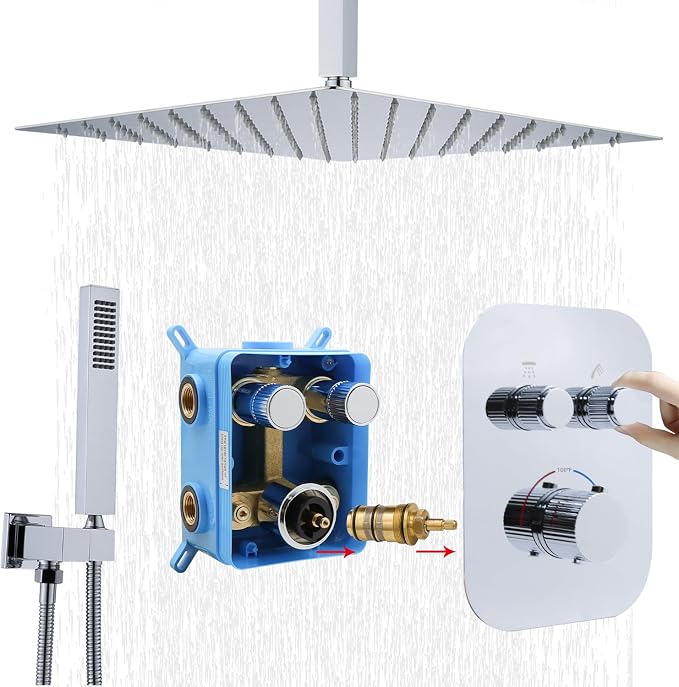 Thermostatic Shower System 16 Inch Ceiling Mount Brushed Chrome Shower System by Backnets