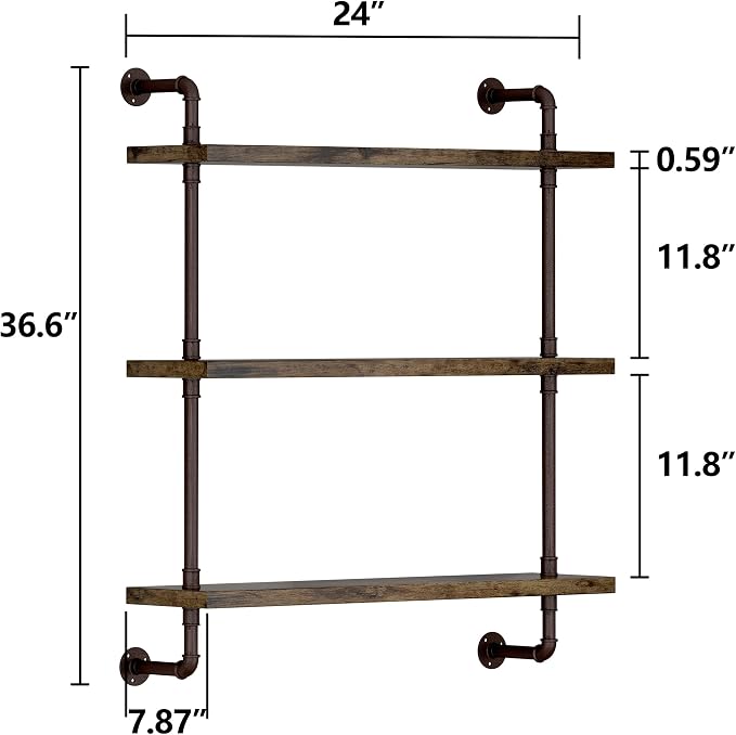 Helsin 3 Tier Industrial Pipe Shelf Rustic Wood Floating Shelves, Wall Display - Image 3