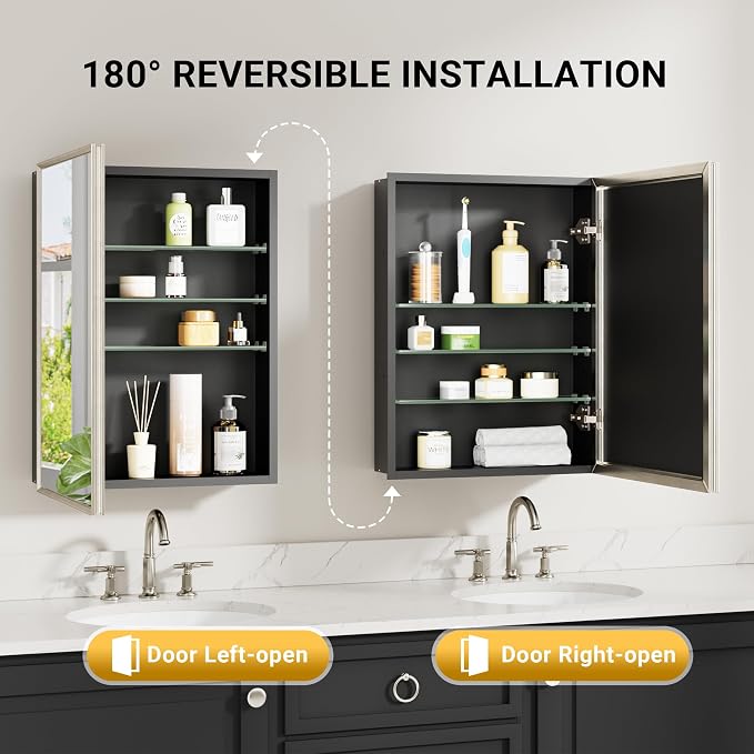 20''x 26'' Brushed Nickel Medicine Cabinet, Recessed or Surface Framed Medicine - Image 6