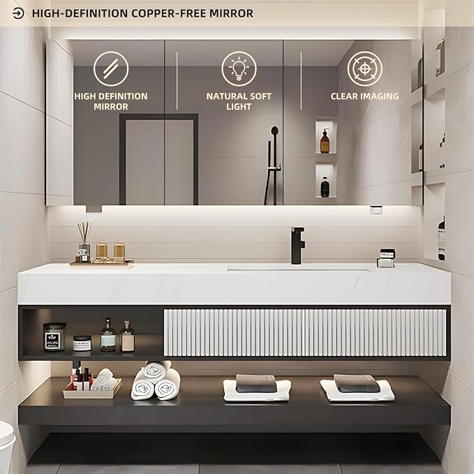 Single Sink Bathroom Vanity, Floating Solid Wood Open Shelf Vanities - Image 6