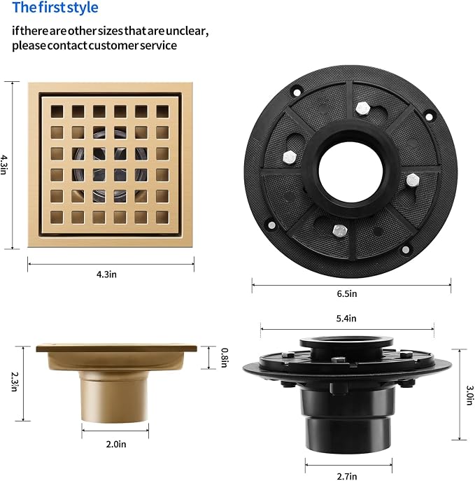 Shower Drain, Brushed Gold 4 inch Shower Floor Square Drain - Image 6