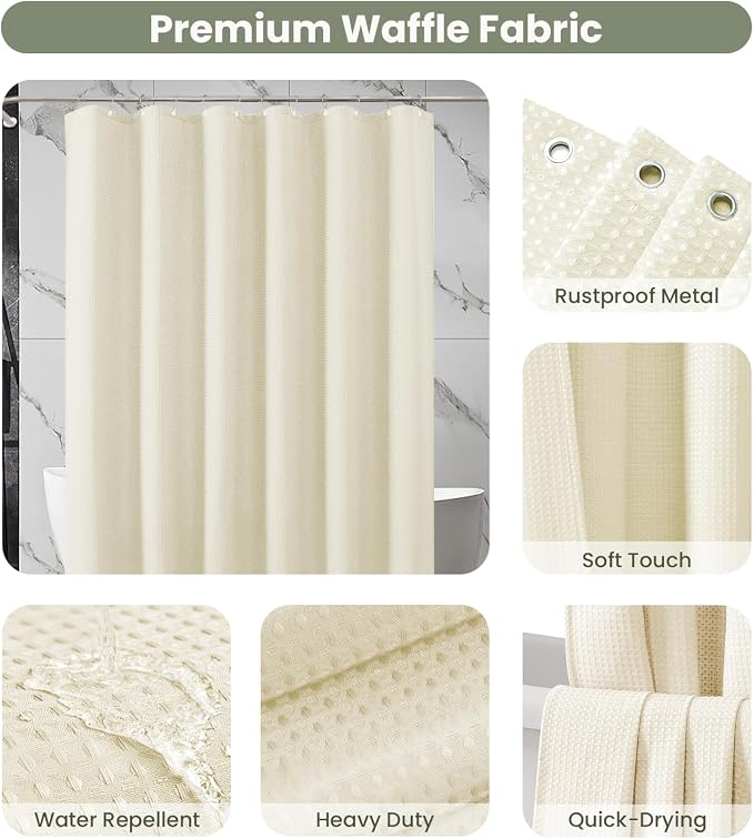 Inhousolu Fabric Shower Curtain Waffle Weave, 230 GSM Heavy Duty, Weighted Hem - Image 3