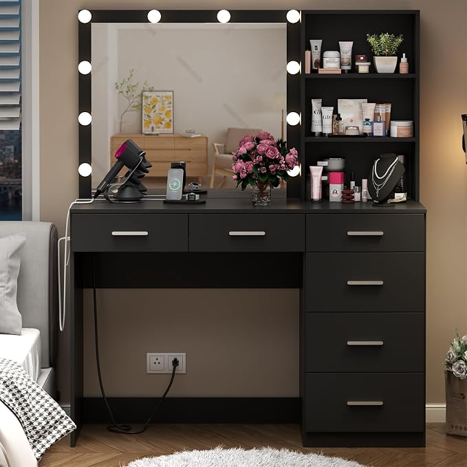 Loomie Vanity Desk with Lighted Mirror & Power Outlet, Makeup Vanity Table with by LOOMIEDirect