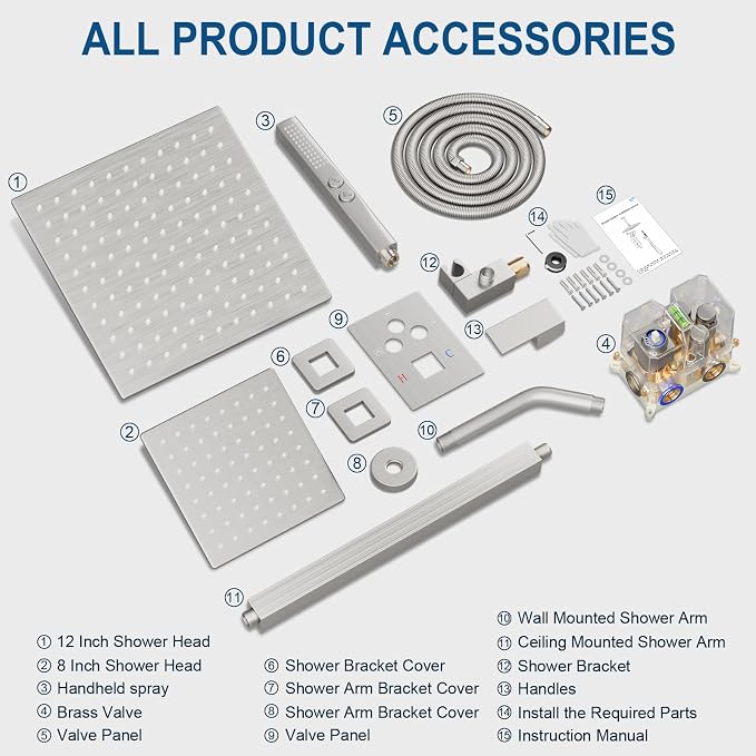 Shower Faucet Set Brushed Nickel Shower System, Ceiling Mount 12 Inch Shower - Image 8