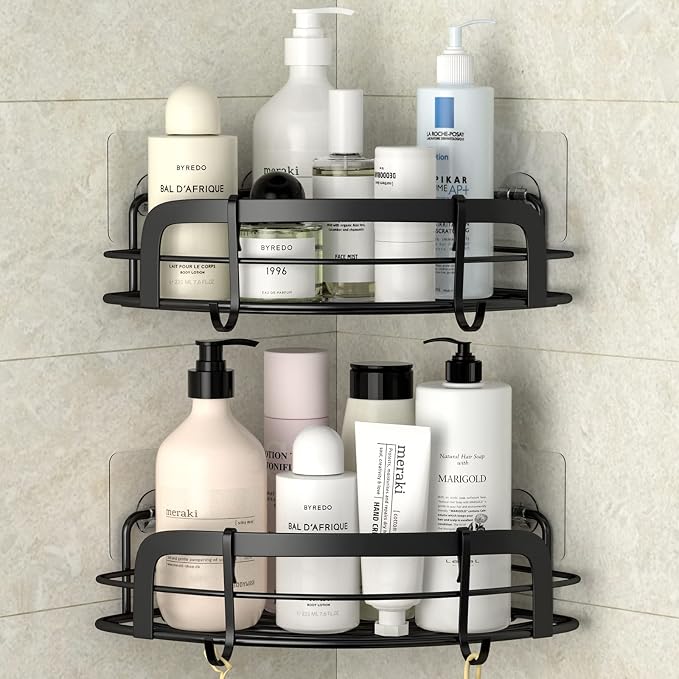 STEUGO Black Bathroom Corner Shower Shelfs, Adhesive Wall Mounted Shower Caddy by STEUGO