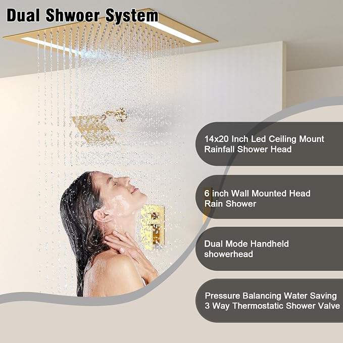 Rain Shower Head System with 14x20 Inch Ceiling Mount LED Head & 6 Inch Wall - Image 5