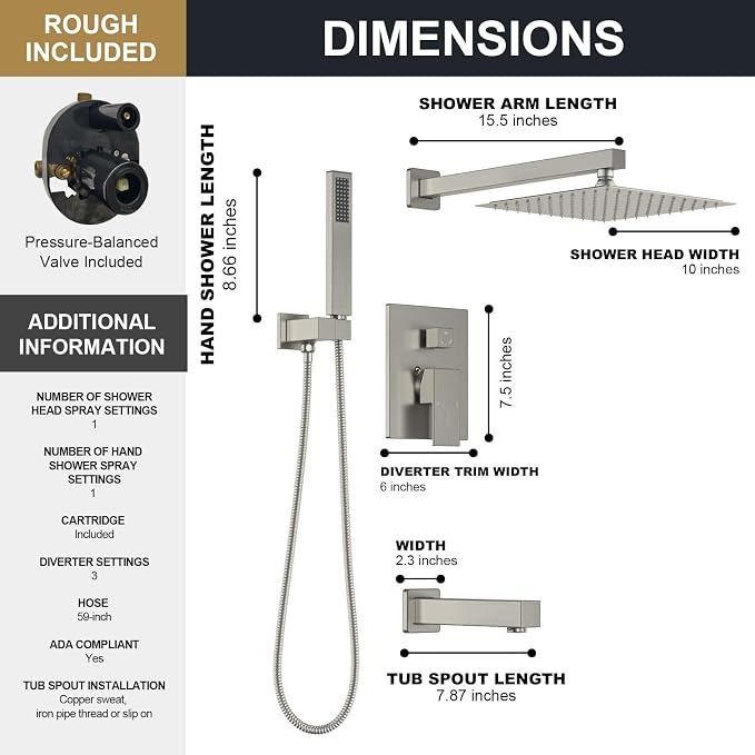 Lava Odoro Modern 3-Setting Square Shower and Tub Faucet Set - Image 7