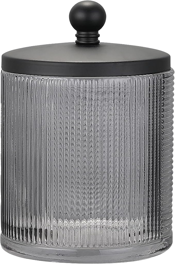 Gray Colored Tranlucent Apothecary Ribbed Geo Etched Glass Jar W/Matte Black by IndecorHome