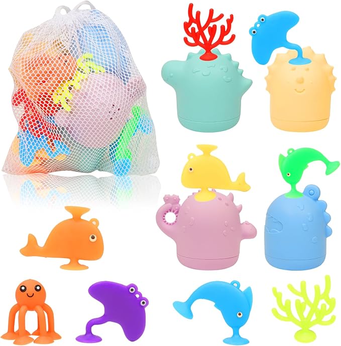 Baby Bath Toys, Squeezable Dinosaurs Bathtub Toys, No Hole Sensory Ocean Animal by Texviko