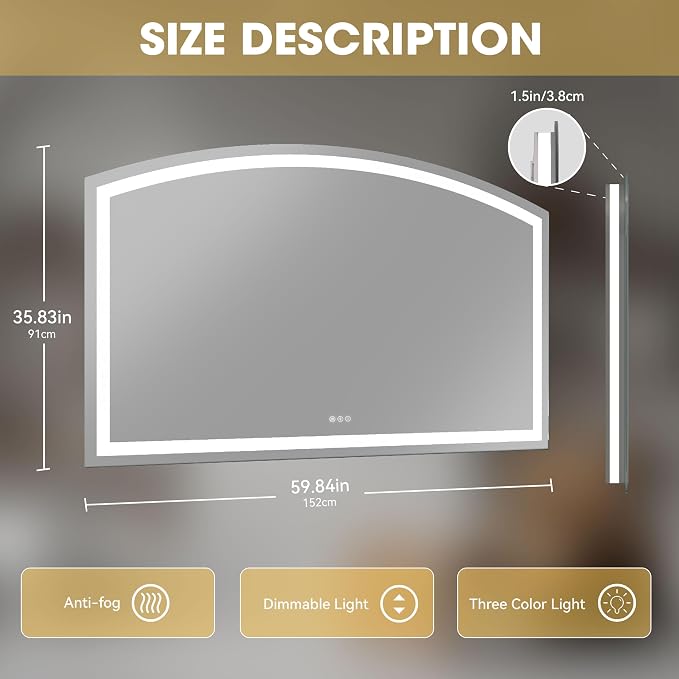 Hasipu 60“ x 36" Arch LED Bathroom Mirror, Frontlit Wall-Mounted Vanity Mirror - Image 3
