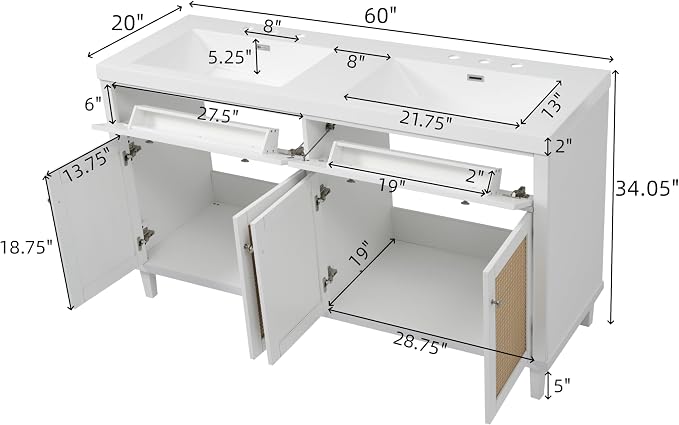 60 Inch Bathroom Vanity with Double SMC Sink Combo Set, Large Double Sink - Image 2