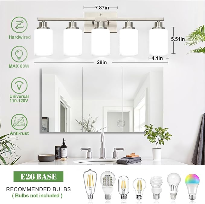 5-Light Vanity Light with Milky White Shades, Brushed Nickle Bathroom Lighting - Image 6