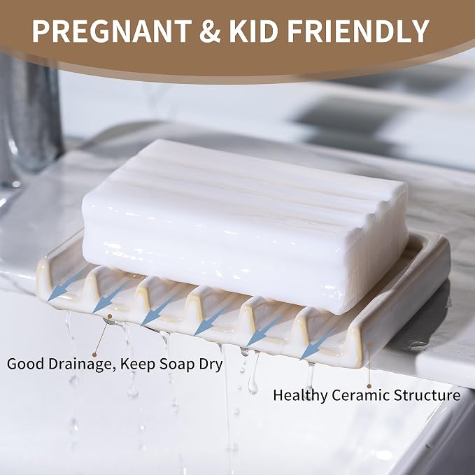 Tanew Self Draining Premium White Ceramic Waterfall Soap Dish, Bar Soap Holder - Image 4