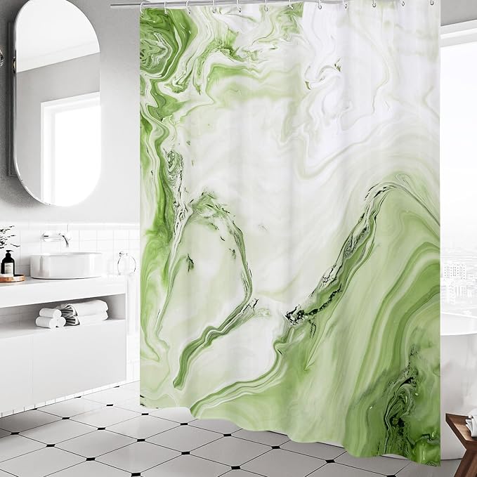 MitoVilla Sage Green Marble Shower Curtain, Modern Ombre Fabric Cloth Shower - Image 2