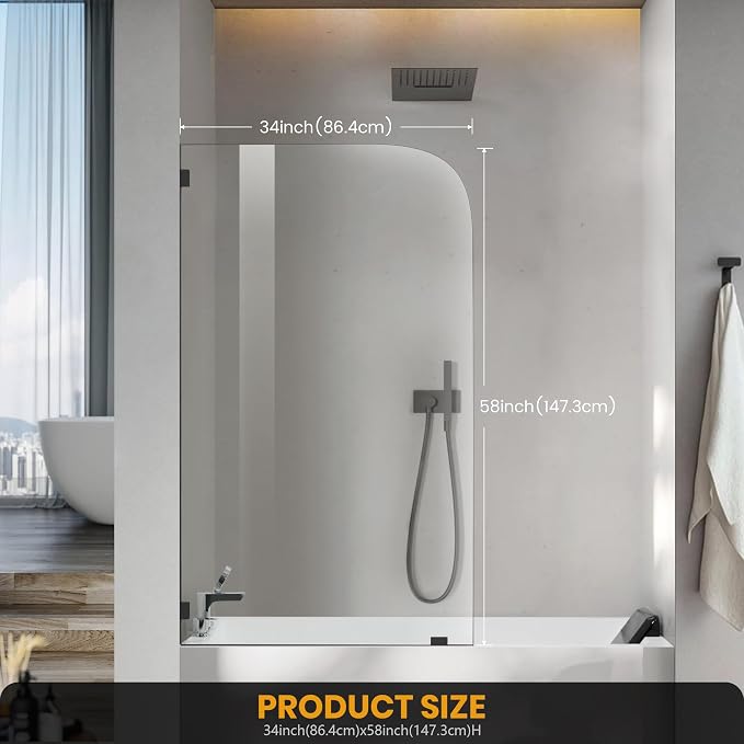 Bathtub Shower Glass Door 34 * 58 Inch, Bathroom Frameless Fixed Shower Door - Image 2