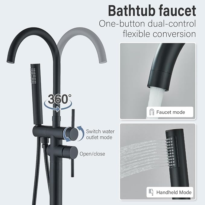Freestanding Bathtub Faucet Matte Black Floor Mounted Tub Filler - Image 2