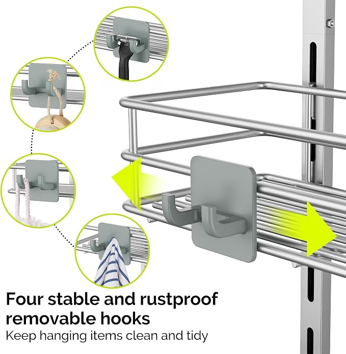 Orimade Over The Door Shower Caddy Adjustable 3 Tier Silver, Bathroom Hanging - Image 7