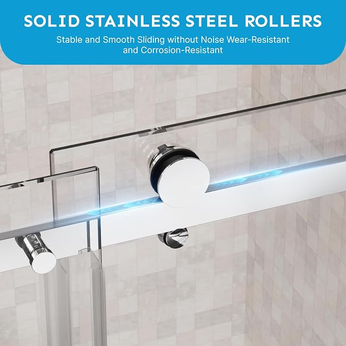 48" x 72" Frameless Sliding Shower Door, Tempered Glass, Heavy-Duty 304 - Image 3