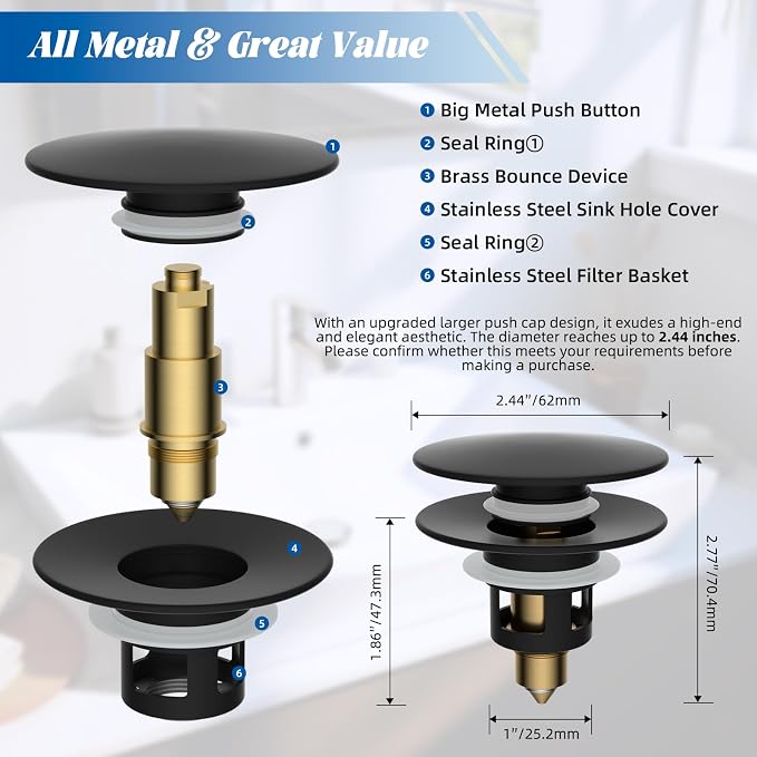 Hibbent All Metal 2 in 1 Bathroom Sink Stopper, Universal Pop Up Drain Strainer - Image 6