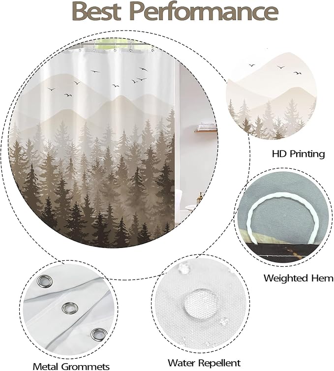 Aipon Brown Misty Forest Shower Curtain Ombre Nature Tree Plants Shower - Image 6