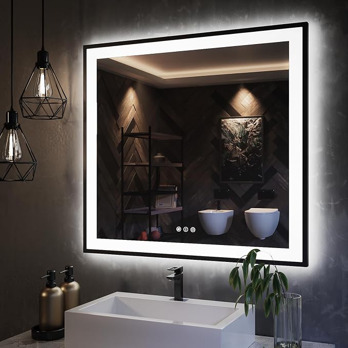 ISKM Framed LED Mirror for Bathroom 36"x36", Dimmable LED Bathroom Mirror by ISKM-IStillKeepMovin