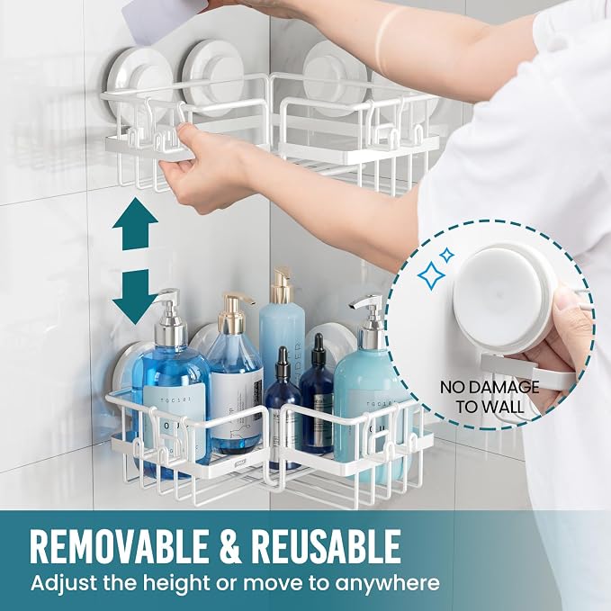 TAILI Corner-adaptive Suction Cup Shower Caddy 2 Pack, Stainless Steel - Image 7
