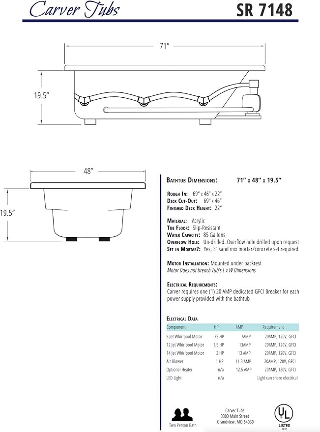 Carver Tubs - SR7148 - Modern Acrylic Fiberglass Soaking Bathtub - Neck Support - Image 7