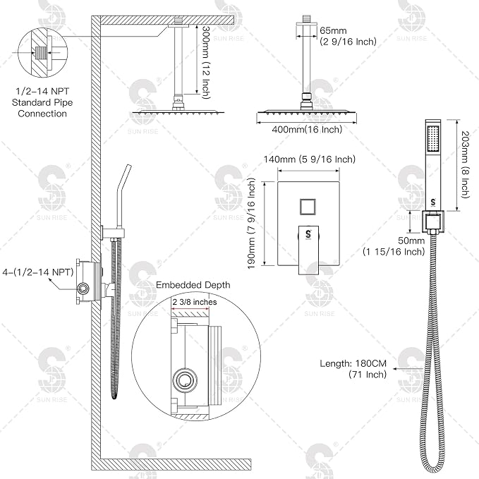 SR SUN RISE 16 Inches Brushed Nickel Shower System Bathroom Luxury Rain Mixer - Image 8