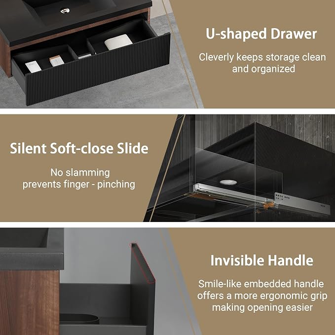 42'' Modern Floating Bathroom Vanity Sink Combo, Wall-Mounted Striped Cabinet - Image 4