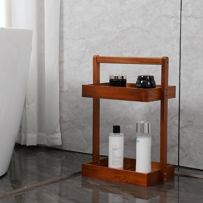 Utoplike Teak Wood Shower Caddy Corner, 2 Tier Bathroom Organizer Countertop - Image 4