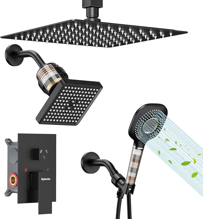 Shower Faucet Set, Ceiling Mount Shower System 10-inch & 6-inch Filtered Black by Hyberka