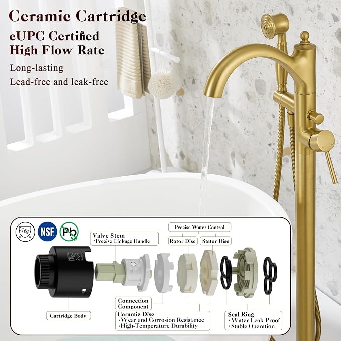 Free Standing Tub Faucet, Brushed Gold Classic Freestanding Bathtub Faucet - Image 8