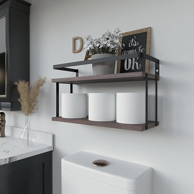 RICHER HOUSE Dual-Level Guardrail Bathroom Shelves, Wood Floating Shelf Wall - Image 3