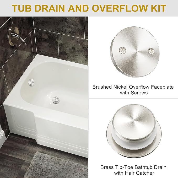 Brushed Nickel Bathtub Drain Stopper and Overflow Kit, Solid Brass Tip-Toe Bath - Image 3