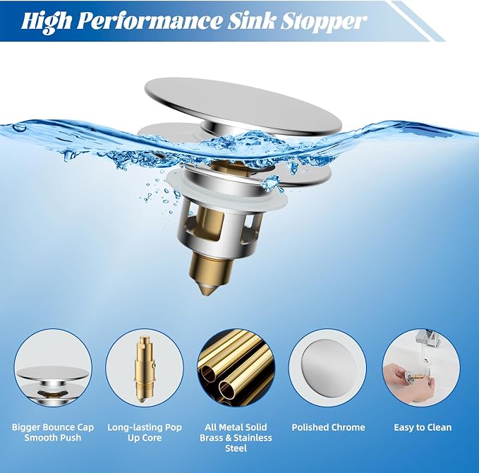 Hibbent All Metal 2 in 1 Bathroom Sink Stopper, Universal Pop Up Drain Strainer - Image 2