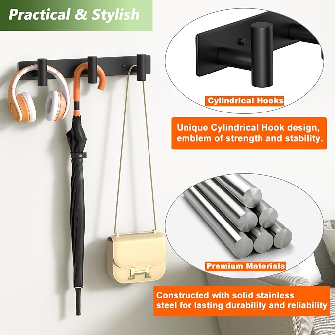 Coat Rack Wall Mounted-3 Hooks, Heavy Duty Stainless Steel Wall Hooks - Image 4