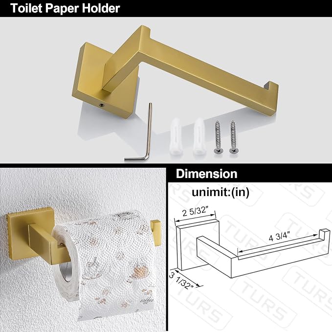 TURS 5-Pieces Bathroom Hardware Accessories Set Stainless Steel Brushed Gold - Image 4