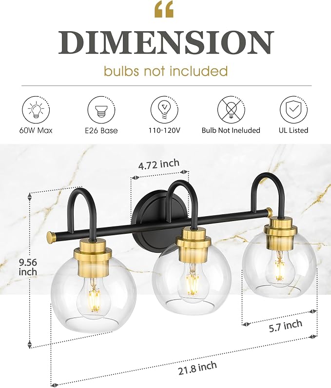 Bathroom Light Fixtures, 3-Light Black and Gold Vanity Lights - Image 2