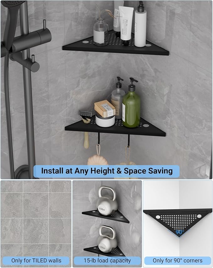 Matte Black Corner Shower Shelves 2-Pack, Grout in Corner Shelf Racks - Image 4