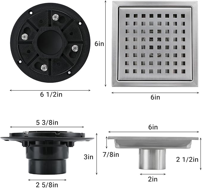 6 Inch Square Shower Floor Drain, Stainless Steel Black Shower Drain Kit - Image 6