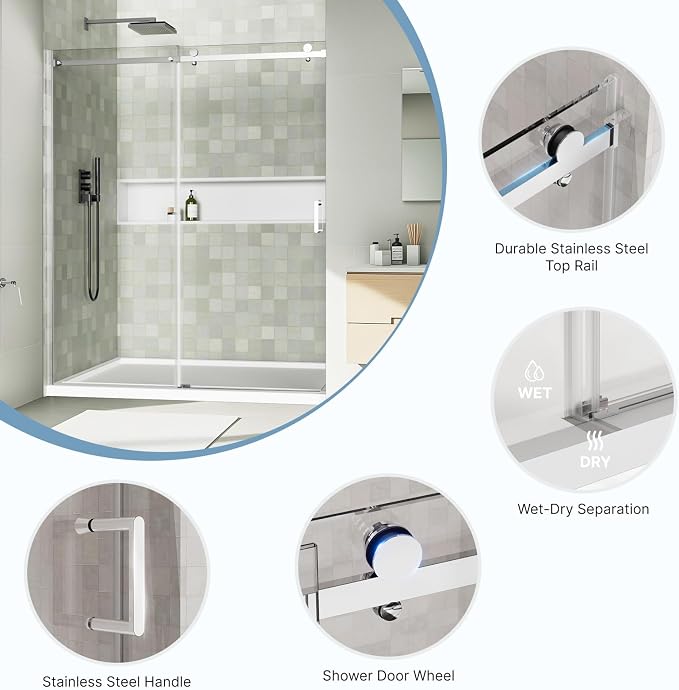 48" x 72" Frameless Sliding Shower Door, Tempered Glass, Heavy-Duty 304 - Image 4