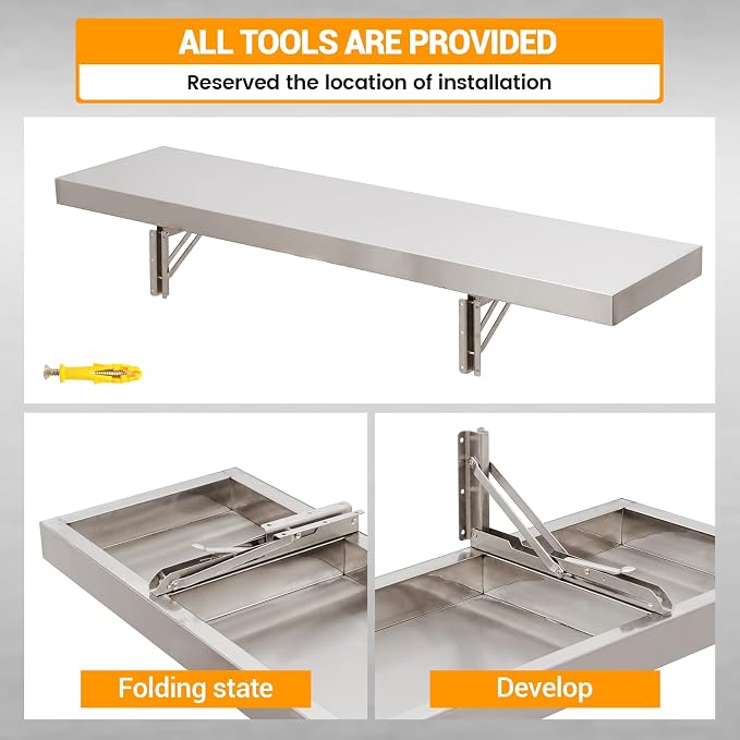 Stainless Steel Folding Concession Shelf 24" x 12", Drop Down Folding Wall - Image 3
