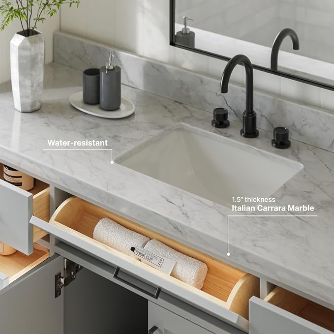 ARIEL 67" Grey Bathroom Vanity, 1.5" Edge Italian Carrara Marble Countertop & - Image 4