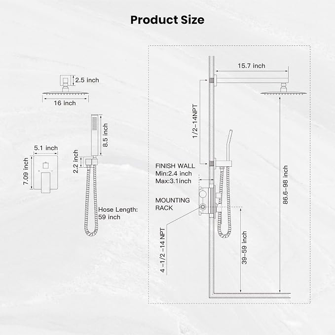 gotonovo Rainfall Bathroom Shower System Rain Shower Head and Handle Set Wall - Image 7