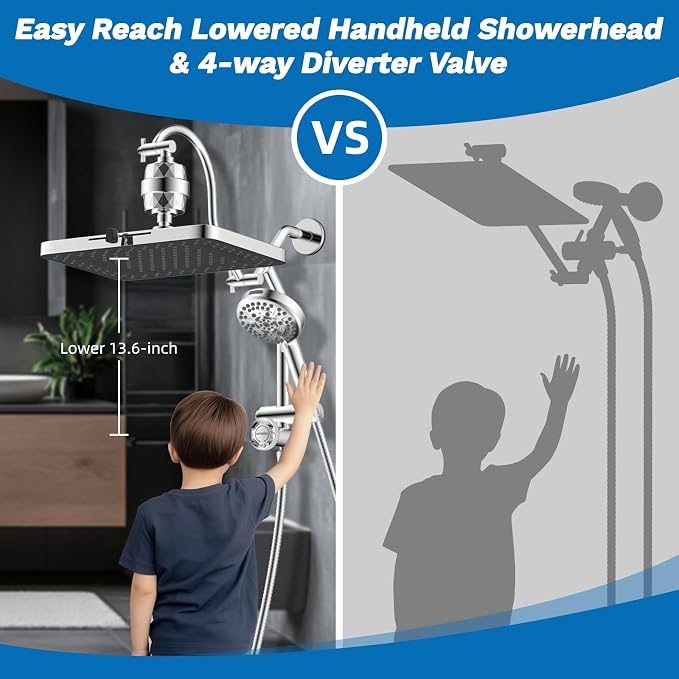Hibbent 5-spray Dual Filtered Rainfall Shower Head Combo, High Pressure 13'' - Image 4