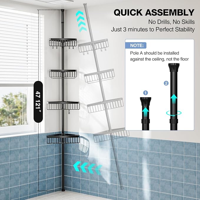 Corner Shower Caddy Tension Pole: Adjustable Rustproof 4-Tier Inside Bathroom - Image 6