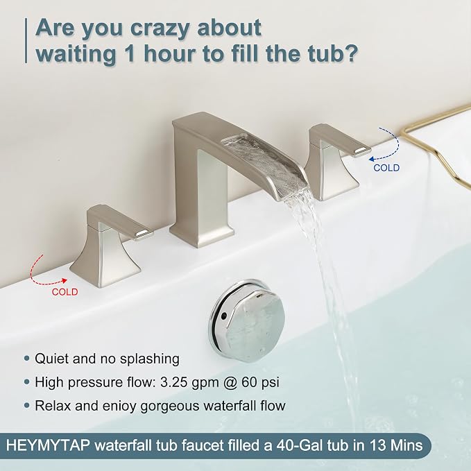 Waterfall Tub Faucet Brushed Nickel Bathtub Faucet 3 Hole, Brass High Pressure - Image 2