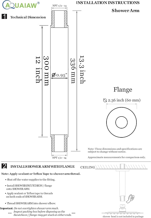 Aquaiaw Shower Arm and Anti-Scratch O-Ring Flange, Solid Brass, Both Soldered - Image 6