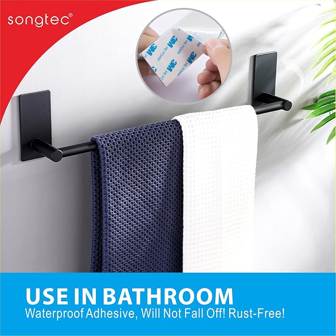 Adhesive Bath Towel Bar 24-inch Black, No Drill Stick On Towel Rack, Easy - Image 2