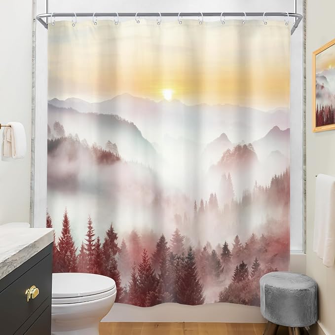 Riyidecor Misty Mountain Shower Curtain 60Wx72H Inch Red Sunrise Nature Scenery - Image 4